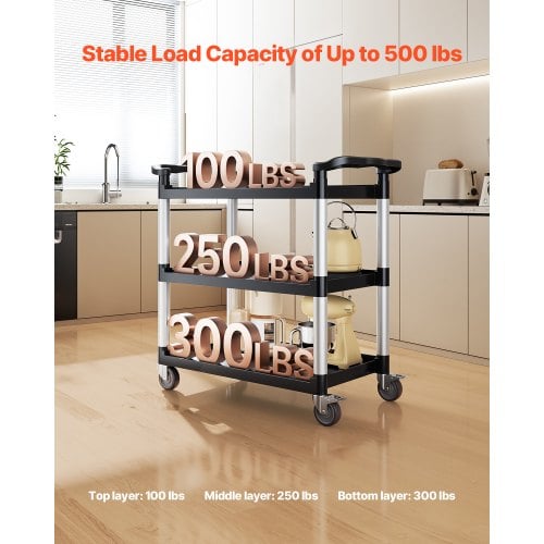 Rullebord, 3-lags plast rullebord 106x49x98 cm, Sort, Opbevaring