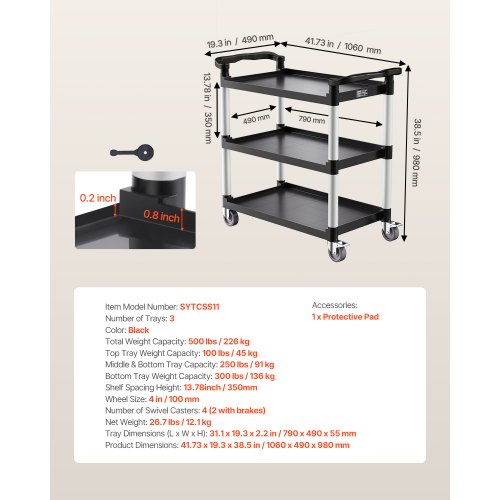 Rullebord, 3-lags plast rullebord 106x49x98 cm, Sort, Opbevaring