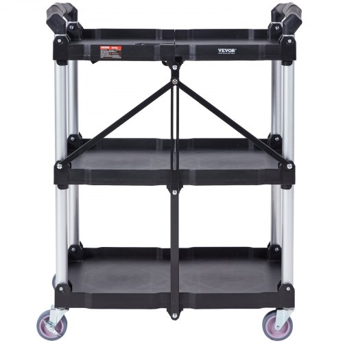 Rullebord, 3 hylder, sammenklappeligt plast rullebord, 65.1x39.2x83.2 cm, sort, opbevaring