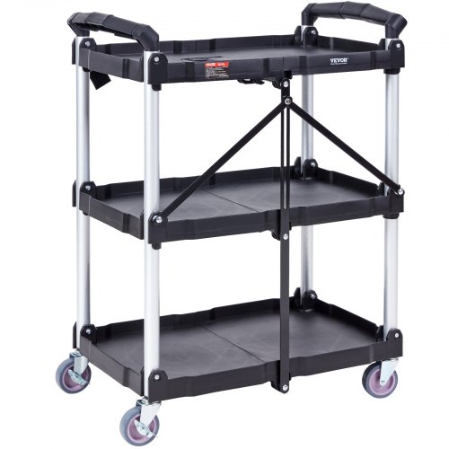 Rullebord, 3 hylder, sammenklappeligt plast rullebord, 65.1x39.2x83.2 cm, sort, opbevaring