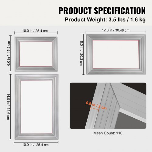 Serigrafi-sæt, 3 stk. aluminiumsrammer 15,2x25,4/20,3x30,5/25,4x35,6 cm, 110 mesh, DIY tryk