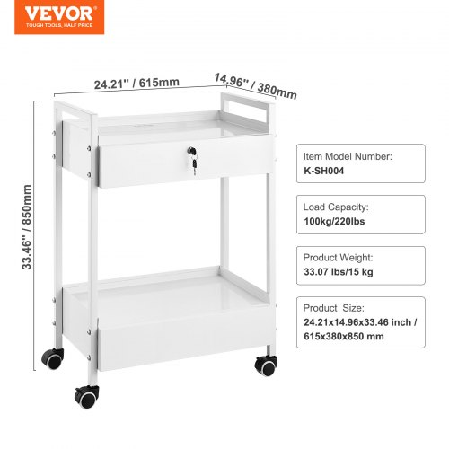 Labvogn, 2 niveauer rustfrit stål rullevogn, 61,5x38x85 cm, hvid, opbevaring