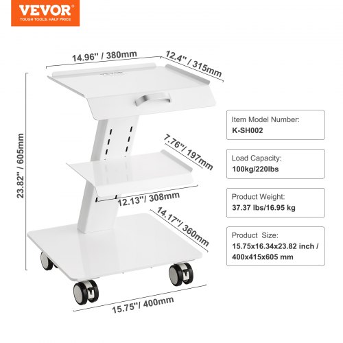 Labvogn, 40x41.5x60.5 cm, Hvid, Metal