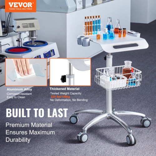 Medicinvogn, 63x56x68-109 cm, Hvid, Metal, Justerbar, Opbevaring