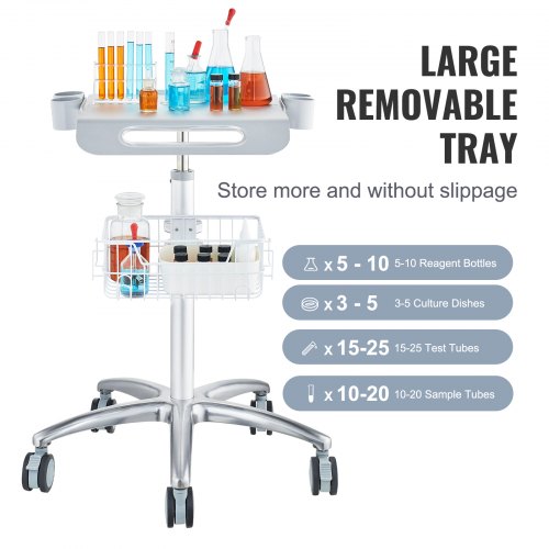 Medicinvogn, 63x56x68-109 cm, Hvid, Metal, Justerbar, Opbevaring