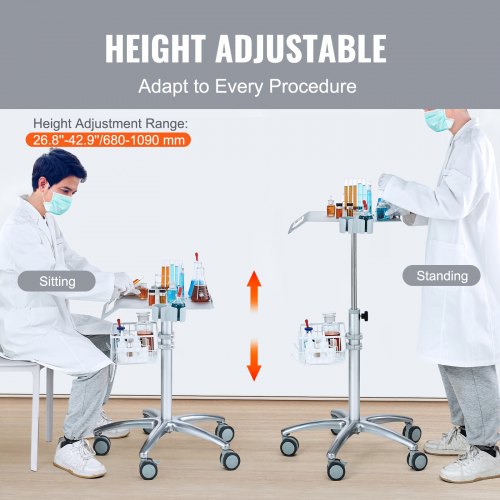 Medicinvogn, 63x56x68-109 cm, Hvid, Metal, Justerbar, Opbevaring