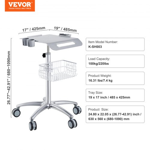 Medicinvogn, 63x56x68-109 cm, Hvid, Metal, Justerbar, Opbevaring