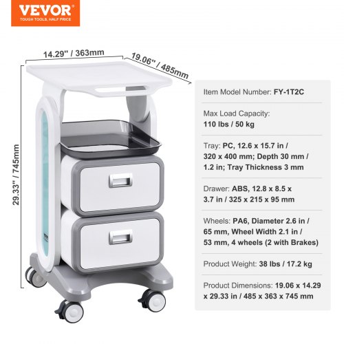 Laboratorievogn, 3 niveauer, 485x363x745 cm, hvid, ABS-materiale