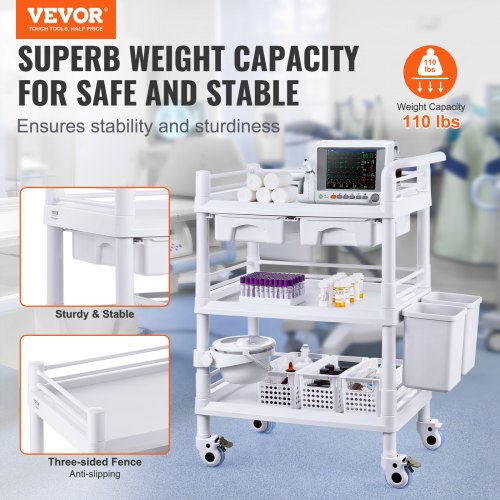Laboratorievogn, 3 niveauer, 70,5x44,5x97 cm, hvid, opbevaring