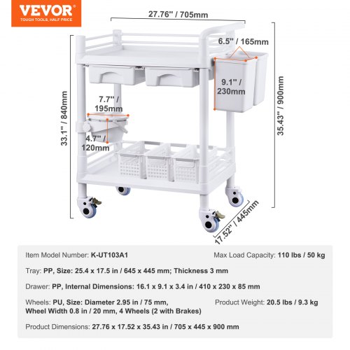 Laboratorievogn, 70,5x44,5x90 cm, Hvid, Opbevaring