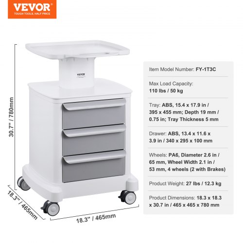 Laboratorievogn, 4 niveauer med 3 skuffer og topbakke, 46,5x46,5x78 cm, hvid, ABS-materiale