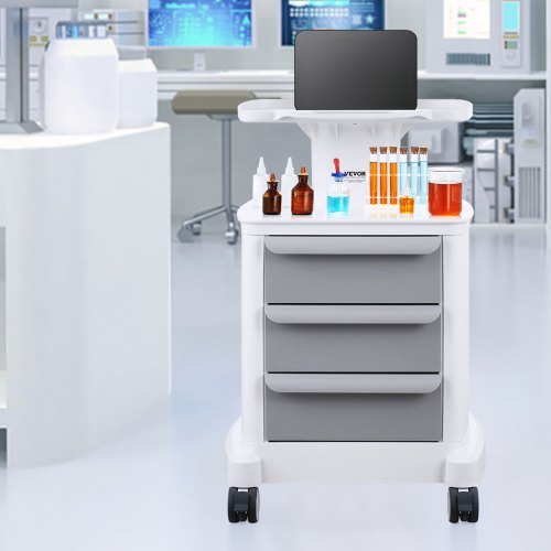 Laboratorievogn, 4 niveauer med 3 skuffer og topbakke, 46,5x46,5x78 cm, hvid, ABS-materiale