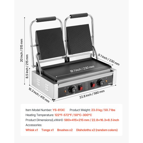 Paninigrill, 48x23 cm rostfritt stål dubbel smörgåspress, silver