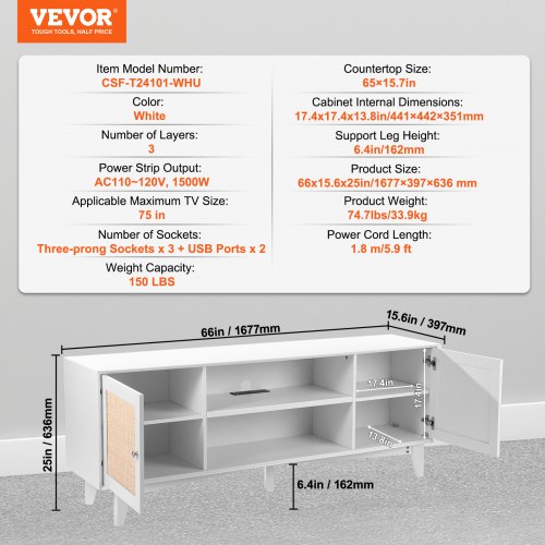 TV-bord, 167,7x39,7x63,6 cm, Hvid, Rattan