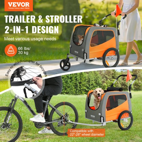 Hundecykeltrailer, 2-i-1 kæledyrsklapvogn cykelanhænger, 144x72x77,9 cm, orange, sammenklappelig