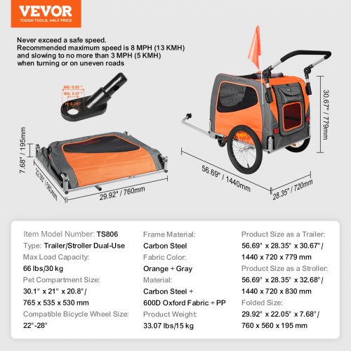 Hundecykeltrailer, 2-i-1 kæledyrsklapvogn cykelanhænger, 144x72x77,9 cm, orange, sammenklappelig