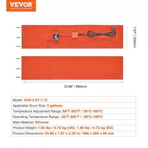 Tromlevarmer 860x200x60 mm Justerbar Metal 800 Watt
