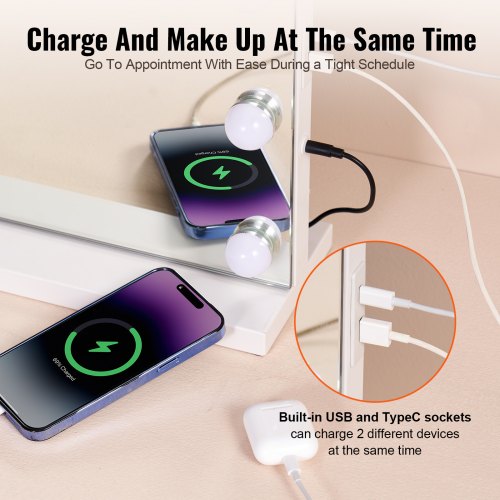 Makeupspejl med lys, 80x13,8x62,2 cm, hvid, USB Type C