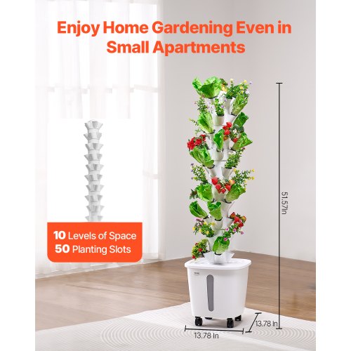 Hydroponisk dyrkningssystem, 50 pods 10 niveauer, 35x35x131 cm, hvid, indendørs have