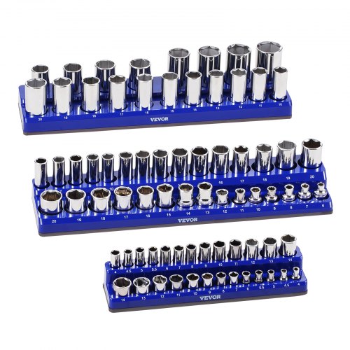 Sokkelorganisatorsæt, 3-delt magnetisk metrisk sokkelholder, 380x89x39 mm, Blå, ABS