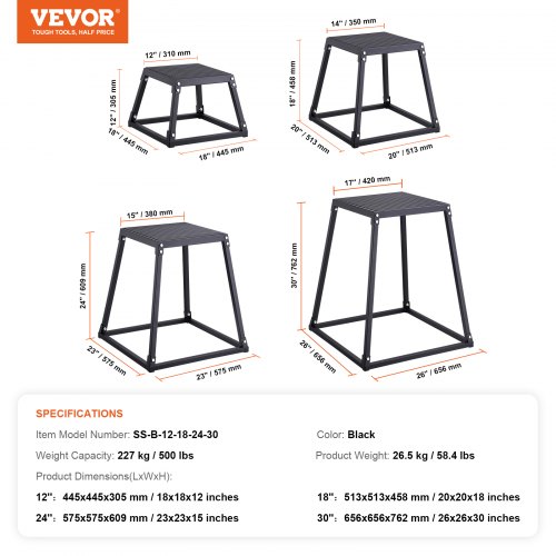 Plyometrisk springboksæt, 44,5x44,5x30,5 cm, sort, fitnesstræning