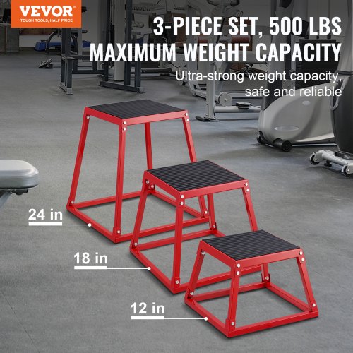 Plyometrisk springboksæt, 44,5x44,5x30,5 cm, 51,3x51,3x45,8 cm, 57,5x57,5x60,9 cm, rød, stål