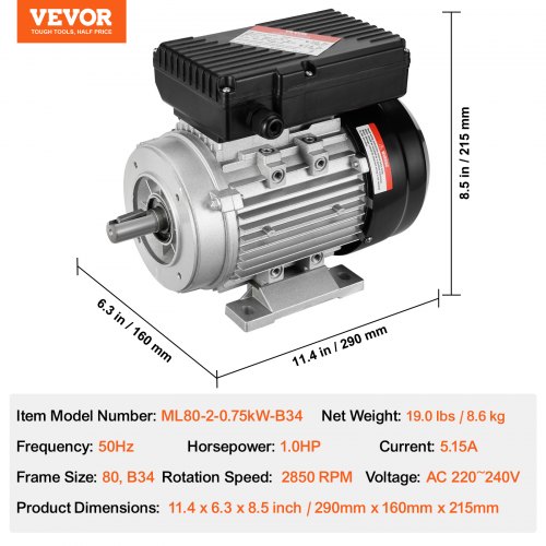 Elektrisk motor 0,75 kW 290x160x215 mm enfaset