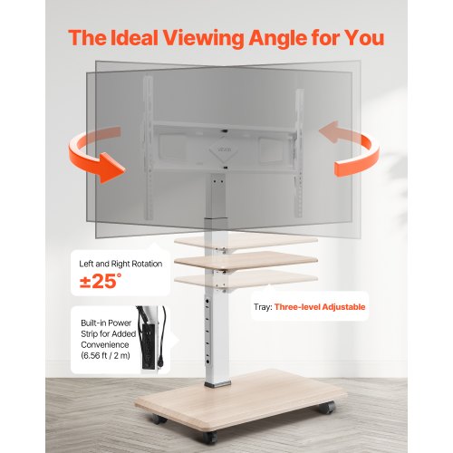 TV-bord, Rullende mobil TV-vogn, 66x38x136,5-162 cm, Justerbar