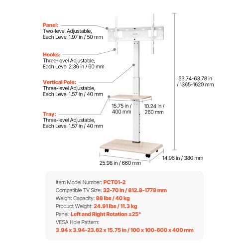 TV-bord, Rullende mobil TV-vogn, 66x38x136,5-162 cm, Justerbar