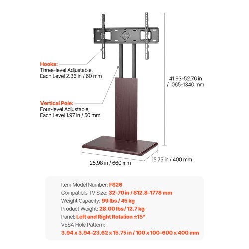 TV-bord, Universalt bordstativ, 66x40x106,5-134 cm, Justerbart, Sort, Metal