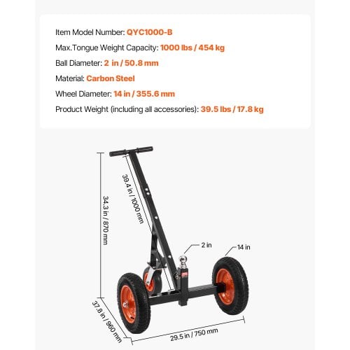 Trailer-dolly, 1000 lbs næsevægtskapacitet, 14x35,6 cm dæk, kulstofstål
