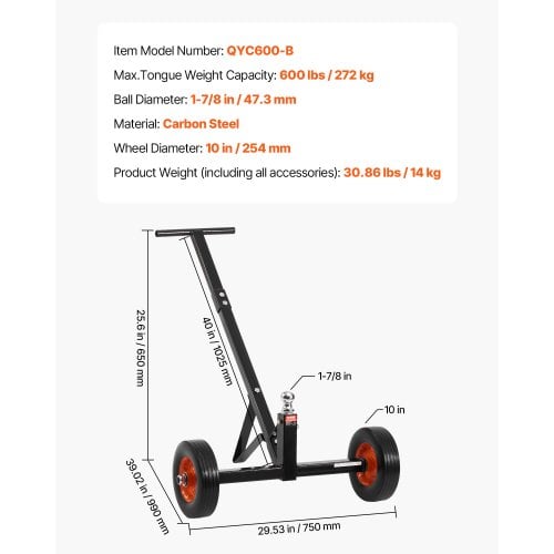 Trailer-dolly, 600 lbs næsevægtskapacitet, 254 mm hjul, kulstofstål