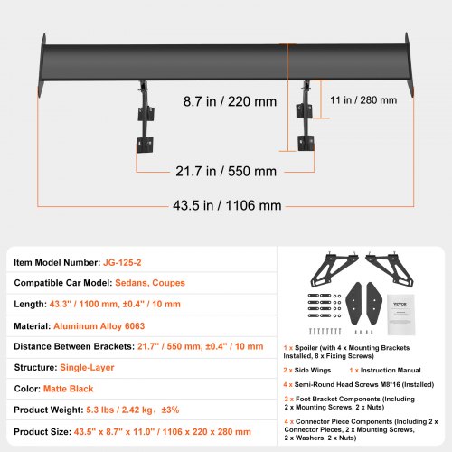 Bagspoiler GT-stil Justerbar 110,6x22x28 cm Sort, Aluminiumlegering
