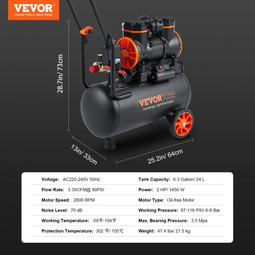 Luftkompressor 23,8 L 1450W 64x33x73 cm Ultra Støjsvag Oliefri