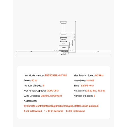 Loftventilator, 213 cm, børstet nikkel, aluminium 8-bladet