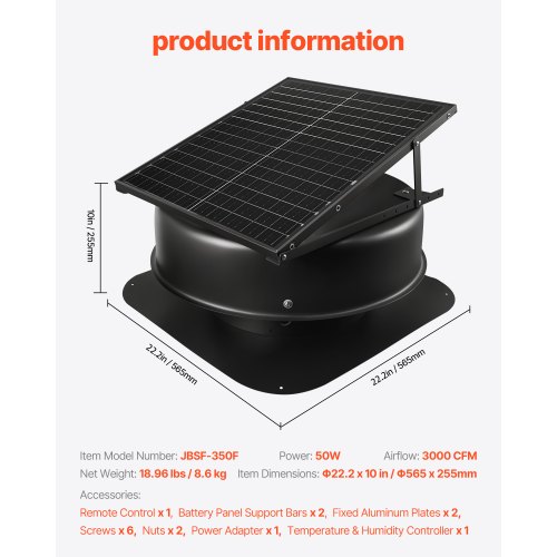 Loftsventilator, 50W smart solardrevet ventilation med termostat, 56,5x25,5 cm, sort, aluminiumlegering