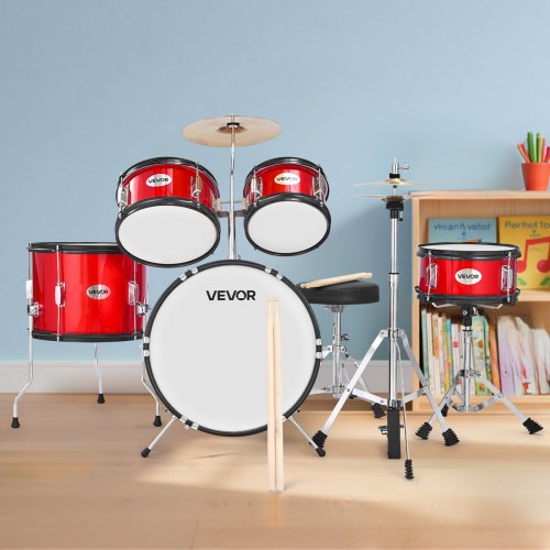Børnetrommesæt, 5-delt 40,6 cm, Rød, Justerbar trommestol, Musikinstrument