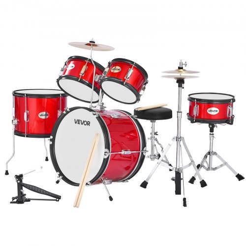Børnetrommesæt, 5-delt 40,6 cm, Rød, Justerbar trommestol, Musikinstrument