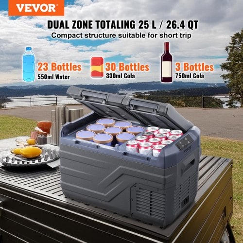 Bil-køleskab, 25 L dobbeltzone bærbar fryser, 61,8x37,6x37,2 cm, justerbar temperatur