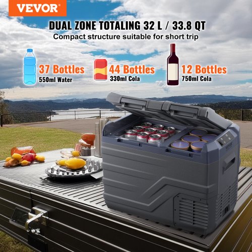 Bil-køleskab, 32 L dobbeltzone transportabel fryser, 61,8x37,6x44,2 cm, justerbart temperaturområde