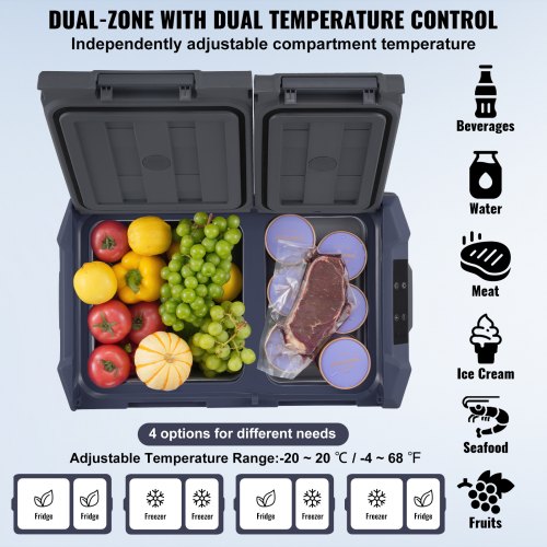 Bil-køleskab, 32 L dobbeltzone transportabel fryser, 61,8x37,6x44,2 cm, justerbart temperaturområde