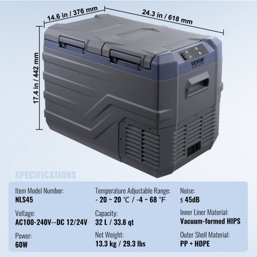 Bil-køleskab, 32 L dobbeltzone transportabel fryser, 61,8x37,6x44,2 cm, justerbart temperaturområde