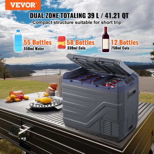 Bil køleskab, 39 L dobbeltzone bærbar fryser, 61,8x37,6x51,4 cm, justerbar
