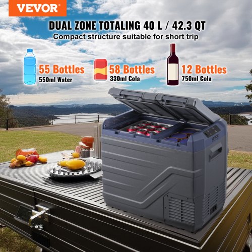 Bil køleskab, 40 L dobbeltzone transportabel fryser, 61,8x37,6x51,4 cm, justerbar, opbevaring