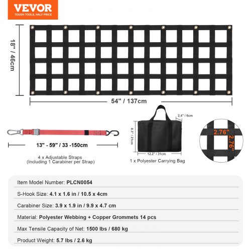 Bagklapsnet 137x46 cm Sort, Kraftigt lastnet, Justerbare stropper