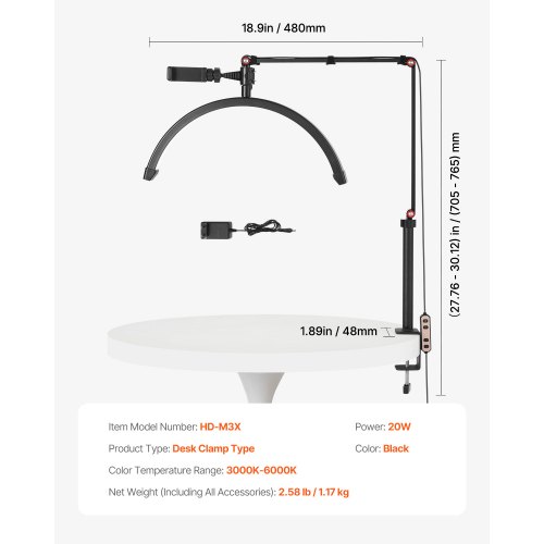 Skrivebordslampe, 20W clip-on halvmåne vippelys med telefonholder, justerbar lysstyrke, sort, aluminiumlegering