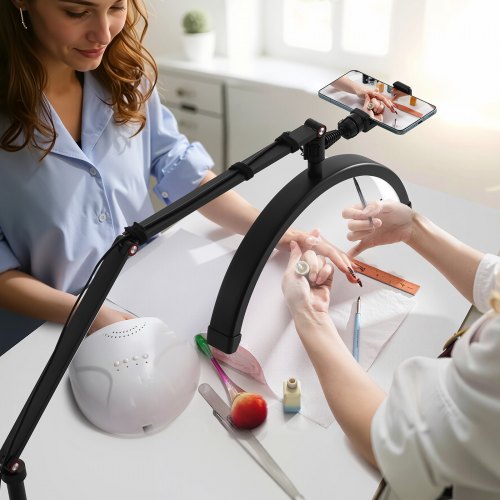 Skrivebordslampe, 20W clip-on halvmåne vippelys med telefonholder, justerbar lysstyrke, sort, aluminiumlegering