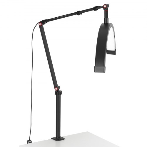 Skrivebordslampe, 20W clip-on halvmåne vippelys med telefonholder, justerbar lysstyrke, sort, aluminiumlegering