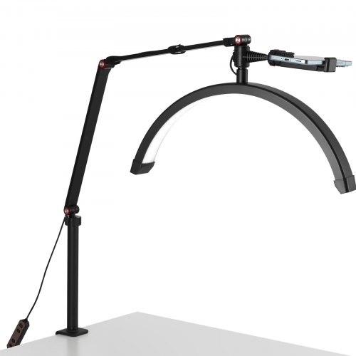 Skrivebordslampe, 20W clip-on halvmåne vippelys med telefonholder, justerbar lysstyrke, sort, aluminiumlegering