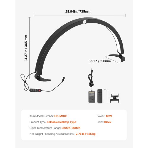 Skrivebordslampe, 40W Halvmåne LED-lampe med mobilholder, justerbar lysstyrke, sort, aluminium